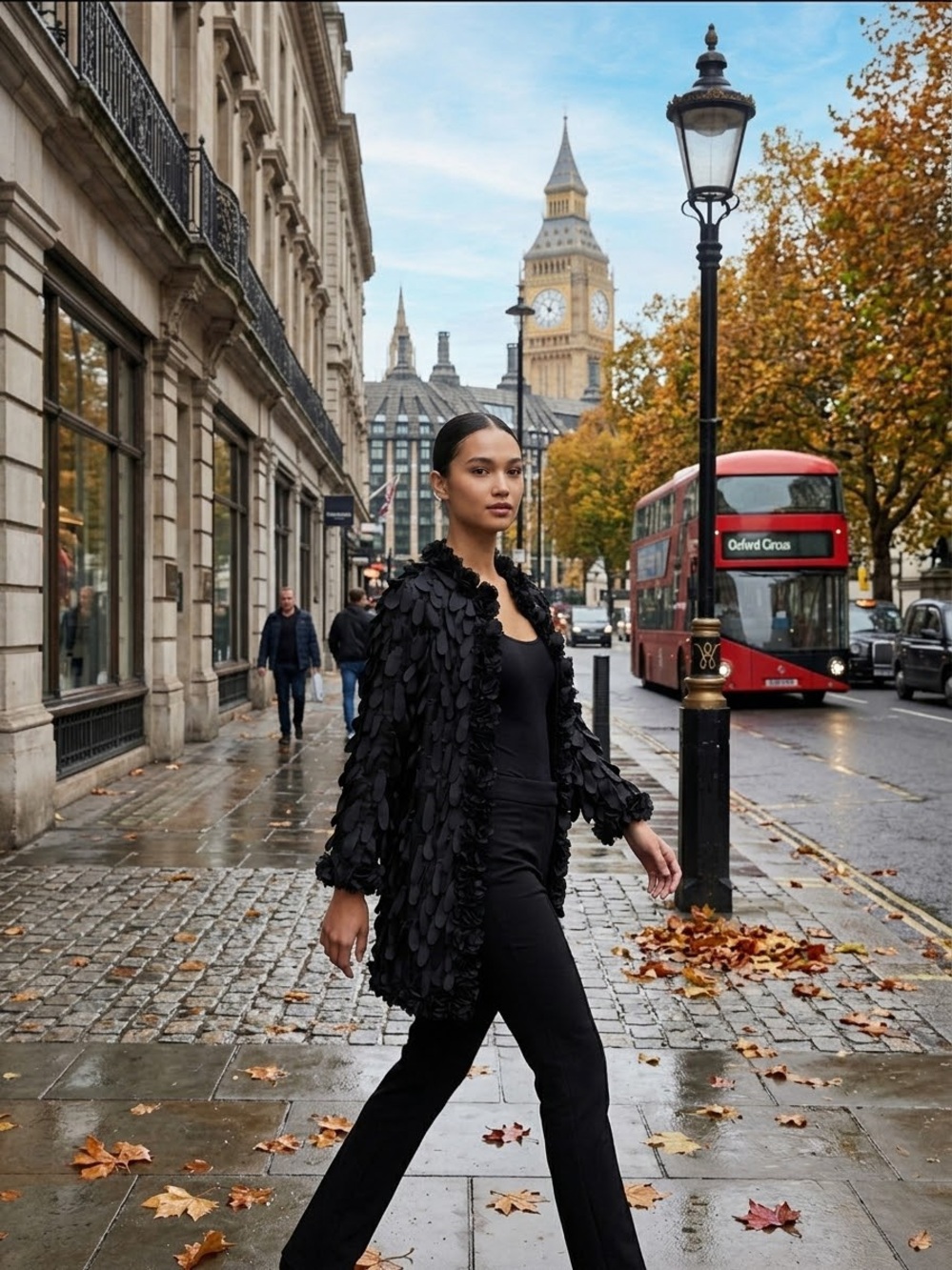 Zara Black Textured Petal-Detail Lightweight Coat
